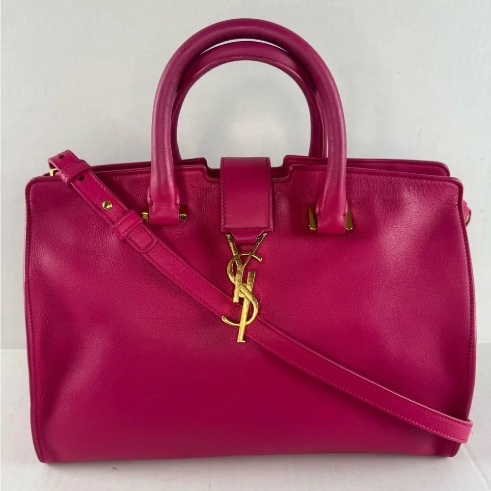 YVES SAINT LAURENT Fuchsia Calfskin Leather Small Cabas Crossbody Bag.